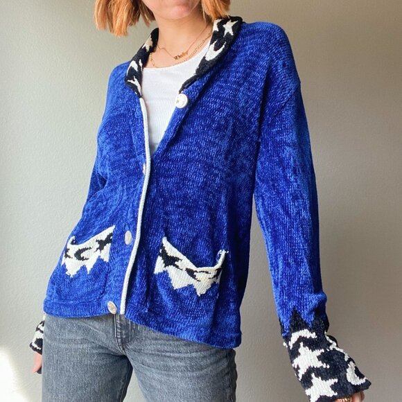 Vintage Co & Eddy Blue Chenille Button Up Cardigan w/ Star Moon Print Trim - Picture 1 of 8